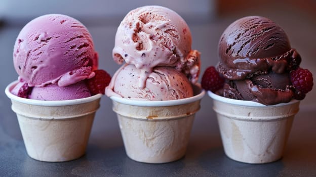 ice cream balls in a cup. Lots of ice cream in cups are on the table.