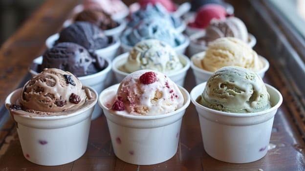 ice cream balls in a cup. Lots of ice cream in cups are on the table.