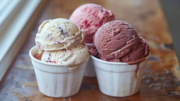 ice cream balls in a cup. Lots of ice cream in cups are on the table.