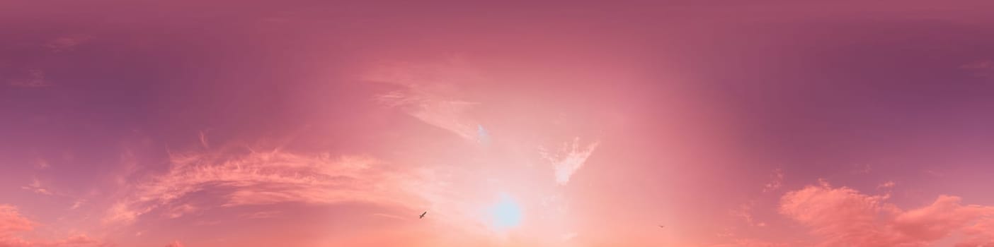 Dramatic Sunset sky 360 panorama. Vibrant sky with bright glowing red pink Cumulus clouds. HDR 360 seamless spherical panorama. Sky dome for aerial drone panoramas. Climate and weather change