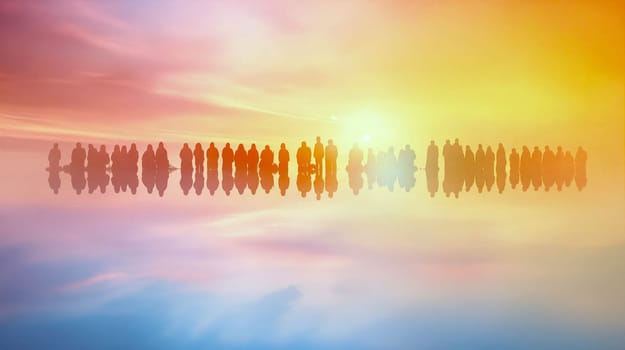Silhouettes of various individuals gather at the edge of a calm lake during sunset, reflecting colorful hues across the water as they enjoy the serene moment - Generative AI