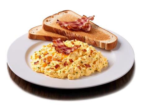 Scrambled Eggs Fluffy scrambled eggs served with crispy bacon and toasted bread against sunny orange. Food isolated on transparent background.