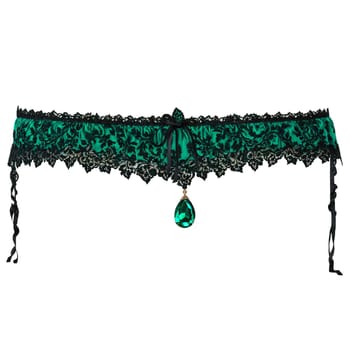 Emerald Envy rich green velvet garter belt with black lace applique jewel tone color palette. Woman lingerie isolated on transparent background.