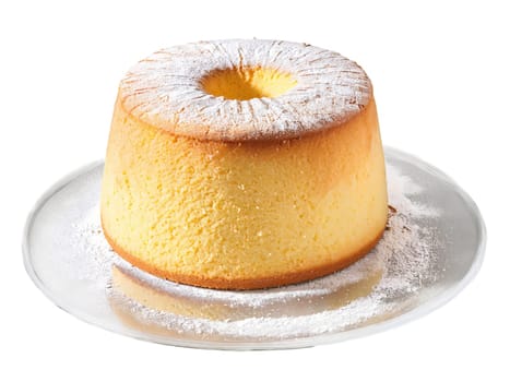 Cake chiffon cake with a light airy texture and a dusting of powdered sugar served. Food isolated on transparent background.