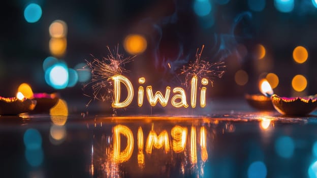 Diwali Festival of Lights Celebration with Sparkler Text and Oil Lamps