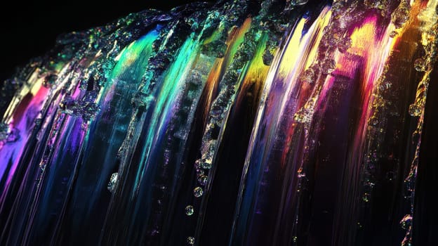 Colorful waterfall illuminated with rainbow lights at night. Concept of beauty, nature, and vibrant colors.