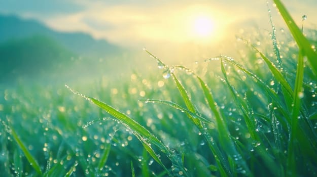Dewdrops on Lush Green Grass at Sunrise, A Serene Nature Background