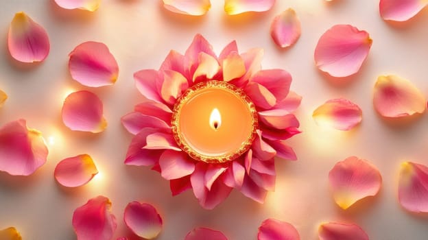 Pink Lotus Candle with Rose Petals for Spa and Wellness
