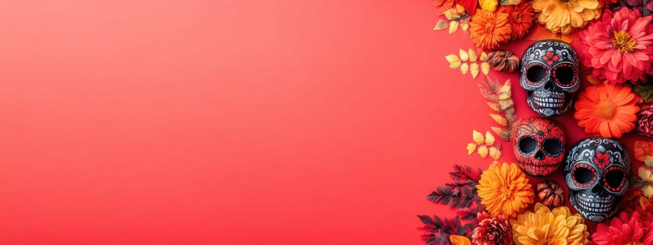Day of the Dead banner with sugar skulls and flowers on red background