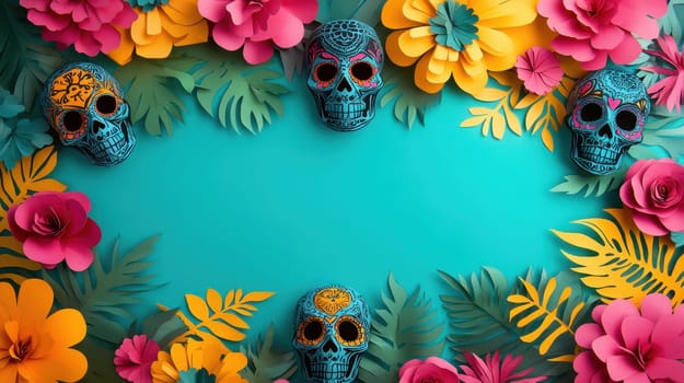 Day of the Dead, Dia de los Muertos festive frame with sugar skulls and paper flowers