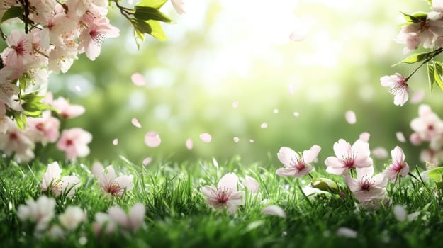 Spring background with blooming cherry tree branches, falling petals and green grass in sunny garden. Concept of springtime, nature's beauty, renewal, and tranquility.
