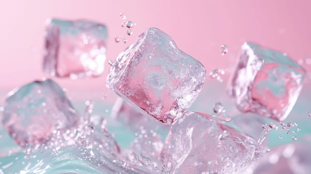 Ice Cubes Splashing into Pink Water