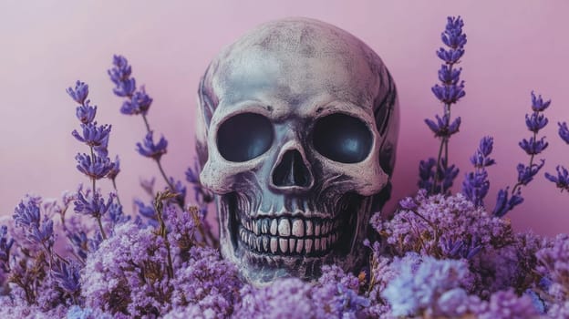 Skull with Lavender Flowers on Pink Background,  Still Life with a touch of Dark Romance