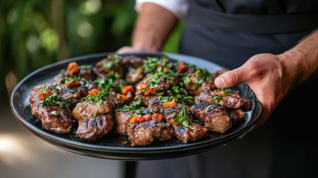 Grilled Steak Platter Held by Chef, Restaurant Dining
