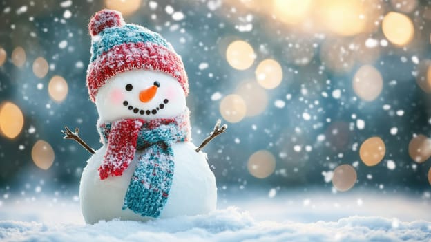 Cheerful snowman with a hat and scarf enjoying the winter wonderland. Concept of happiness, celebration, and festive joy.