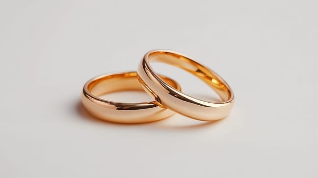Two gold wedding rings on white background. Concept of love, marriage, commitment, and relationships.