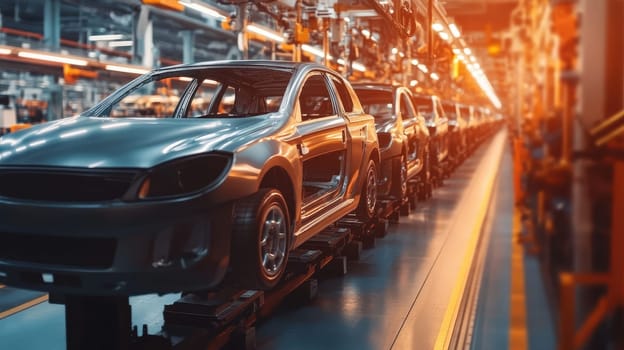 Modern Car Manufacturing Factory. Automotive Production Line. Assembly Plant. Conveyor Belt System
