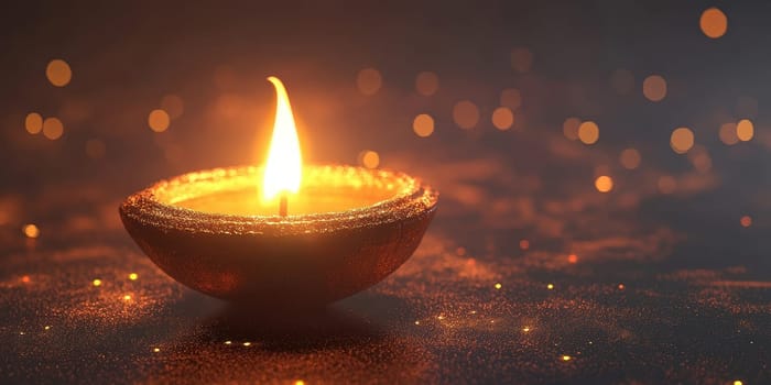 Burning diya lamp with beautiful bokeh. Concept for Diwali, hope, peace, and spirituality.