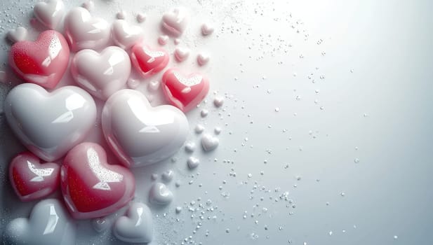 Pink and white hearts on light blue background with copy space. Valentine's Day, love, romance concept.