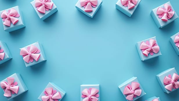 Frame of blue gift boxes with pink bows on light blue background. Flat lay, top view, copy space.