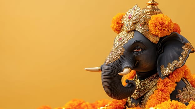 Black Statue of Hindu Deity with Flowers on Orange Background