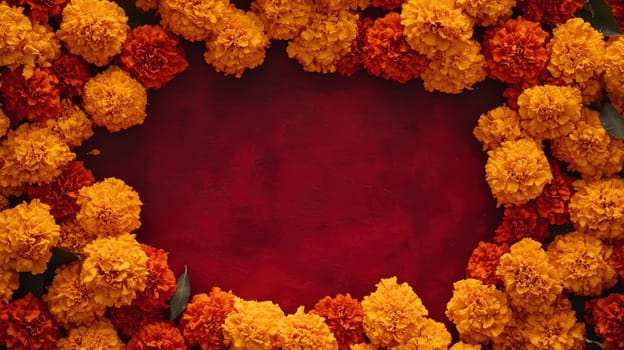 Marigold Flower Frame on Red Background with Copy Space