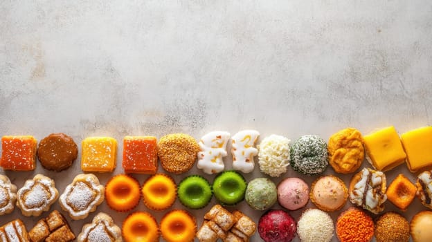 Assortment of colorful traditional sweets and candies. Top view with copy space.