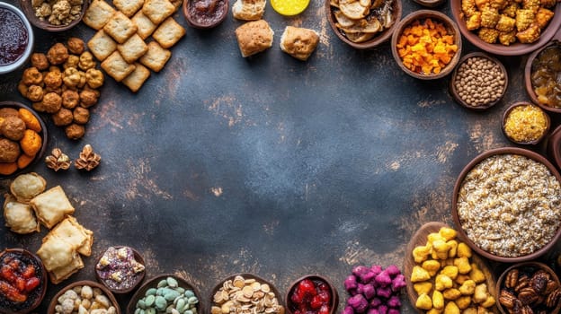 Variety of healthy snacks on a dark background with copy space.