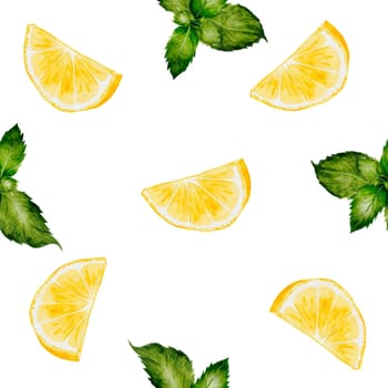 Lemon mint watercolor seamless pattern. Hand drawn tropical sour fruit. Clip art of juicy yellow lime and green leaves. Half of citrus on isolated white background. Ideal for tableware, kitchen textiles and cosmetic packaging