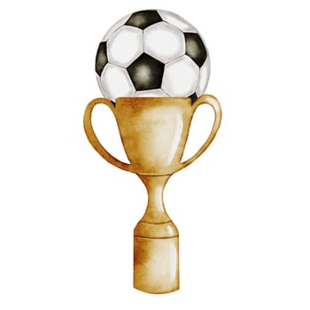 Soccer ball and prize cup. Hand drawn football composition. Clip art of championship equipment on isolated white background. Ideal for posters, flyers and game posters. High quality illustration