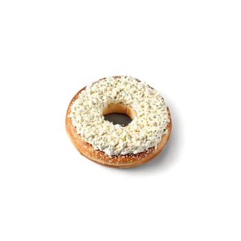 Cream cheese spread on bagel with knife and curls of cheese in motion Food and. Food isolated on transparent background.