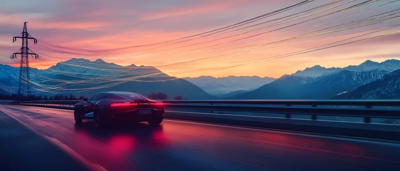 Futuristic autonomous car is speeding on a highway in the mountains with motion blur light trails behind it at sunset