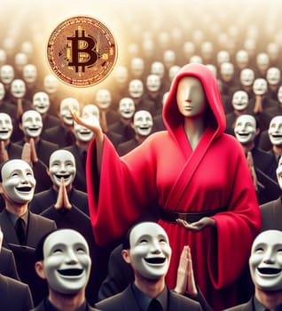 A man in a mask holding a Bitcoin coin. The man is surrounded by other people in masks