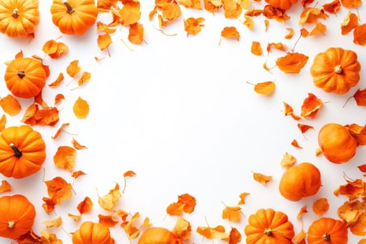 Orange dry leaves and pumpkins on a white background for Halloween