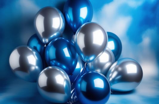 Inflatable blue silver balloons on a blue watercolor background