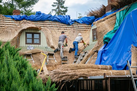 vjelje,denmark,14-08-2024: Thatching a country cottage. The traditional craft of thatching a cotswolds country cottage