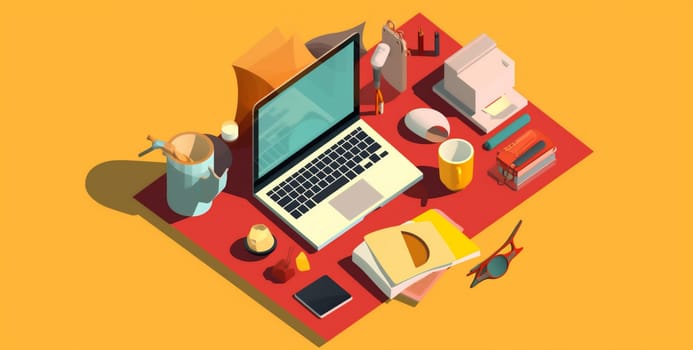 business technology background laptop work hand gadget minimal day desk concept computer object yellow knowledge space orange blue design colours desktop web. Generative AI.