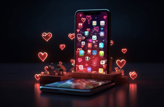 woman man hand like app smartphone adult web profile male heart find application online website bokeh person technology dating internet mobile phone. Generative AI.
