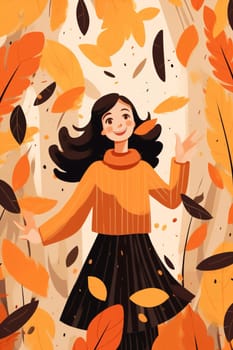 Women happy art nature cute young cartoon autum design flat character concept holiday illustration leaf person active meditating fall