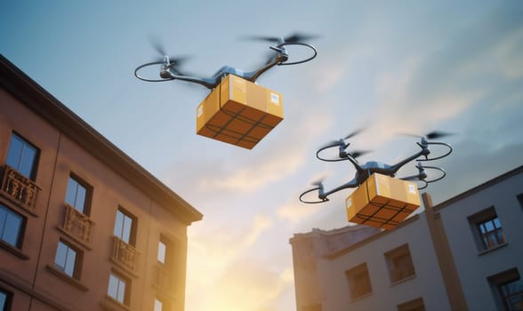 cardboard fast delivery flight fly transport distribution copter mail aircraft aerial helicopter industry post smart drone cargo technology air blue. Generative AI.