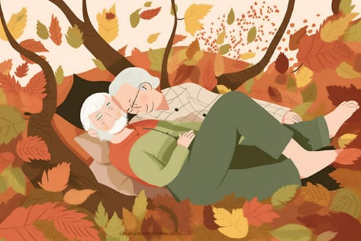 man woman partner illustration male mature happy sleep together concept lifestyle asleep bedtime couple bed old grandmother retired married senior love aged. Generative AI.