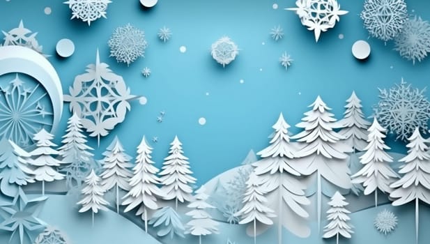 art greeting cut xmas origami background christmas decoration festive merry template paper winter tree tree snowflakes new blue christmas sky nature happy. Generative AI.