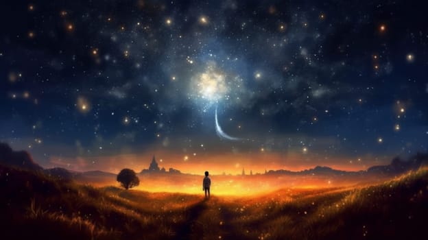 man astronomy universe landscape star galaxy light nature sky child night beautiful space moon milky science starry background astronomer looking. Generative AI.