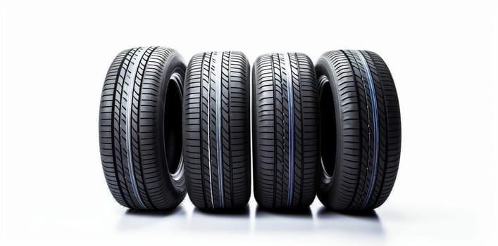 vehicle white tyre set automobile transport equipment car clean object alloy isolated tire rim wheel heap rubber change road background auto. Generative AI.