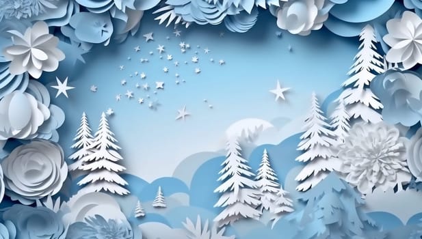 cut winter blue snowflakes landscape merry greeting holiday decorative paper christmas tree cardboard background beautiful art creative design origami concept year. Generative AI.