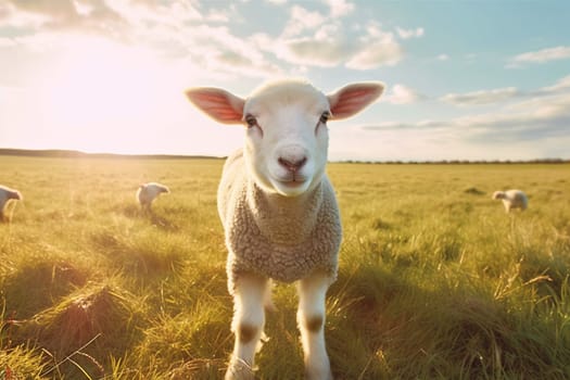 sun pasture wool animals farm springtime agriculture field green white sunlight outdoor sheep background animal flock meadow grass beautiful lamb domestic. Generative AI.