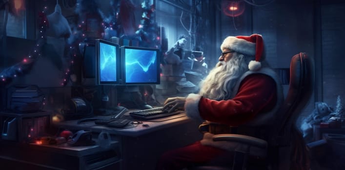 gift holiday greeting indoor home santa new call tree video character laptop happy concept christmas house communication merry family winter claus. Generative AI.