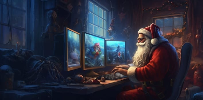 character virtual communication house home person holiday christmas interior december santa happy merry family call concept laptop video present cheerful cyberspace. Generative AI.