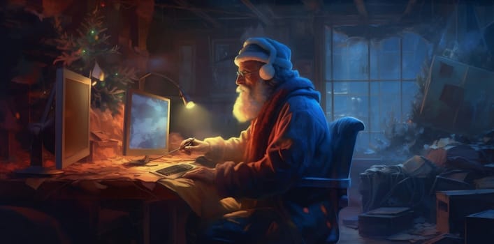 house man decoration holiday concept video cyberspace character claus home family room christmas happy communication season tree laptop december call santa. Generative AI.
