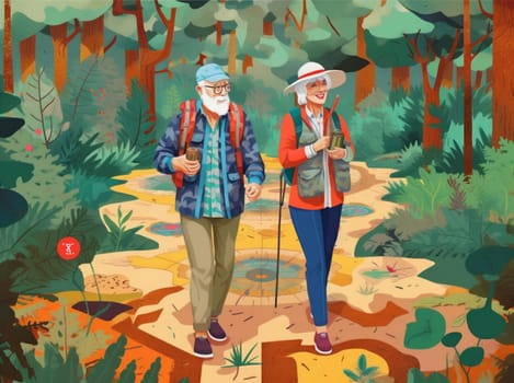 old active kid summer hiking exercise walking couple grandfather illustration grandparent elderly road trekking happy senior retirement person run aged. Generative AI.